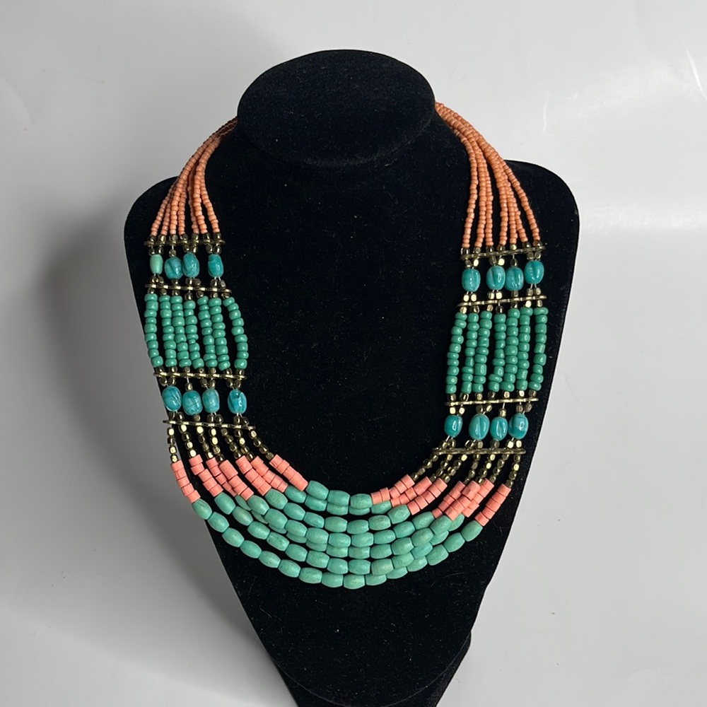 Multi Strand Blue & Peach Bohemian Beaded Necklace